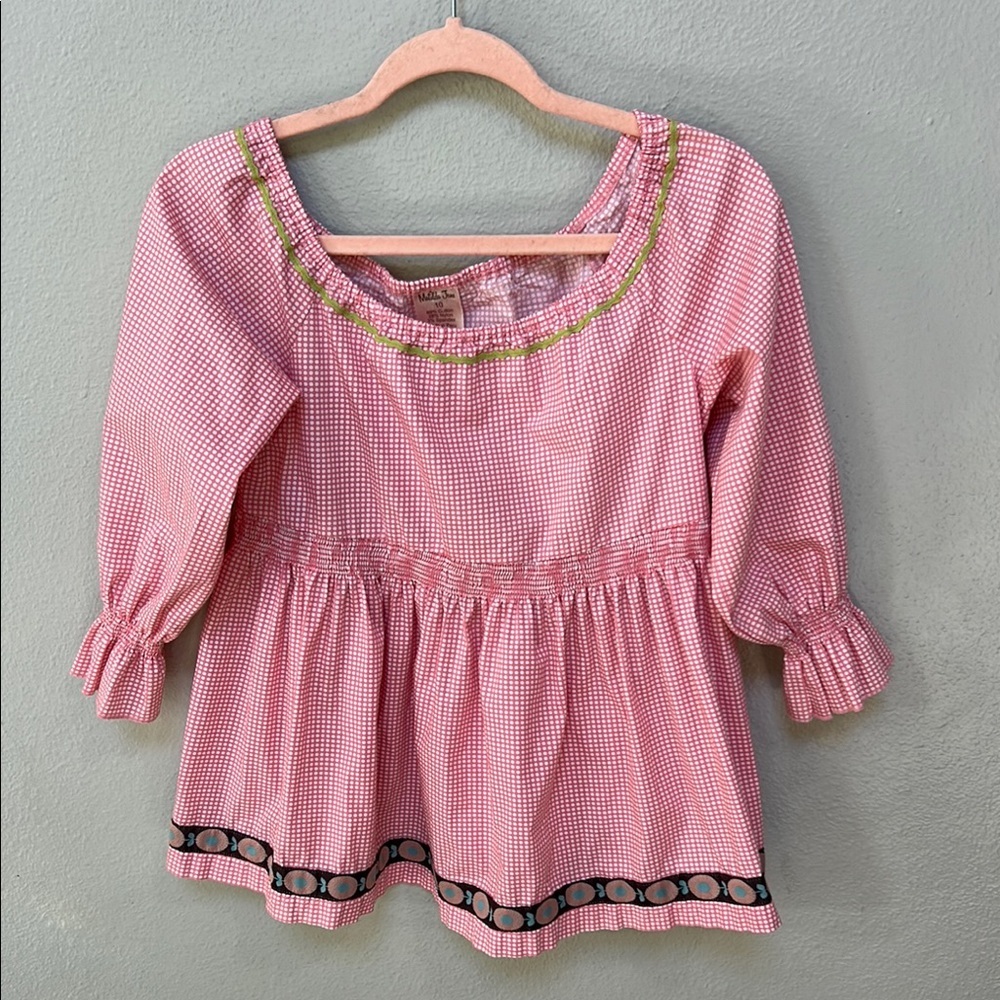 Matilda Jane Pink Gingham Peasant Blouse Embroidered Rick Rack trim, size 10